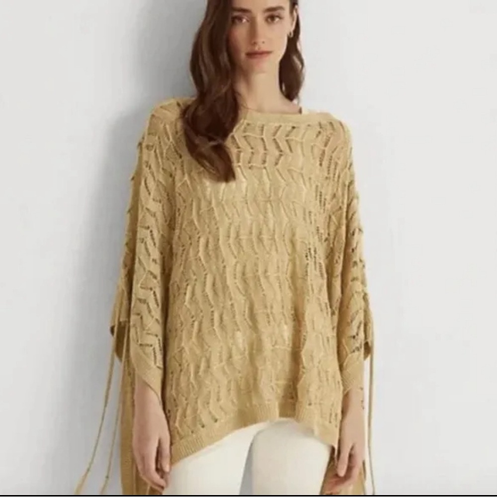 Ralph Lauren tan open weave poncho sweater w lacing from shoulder & tassel tie *